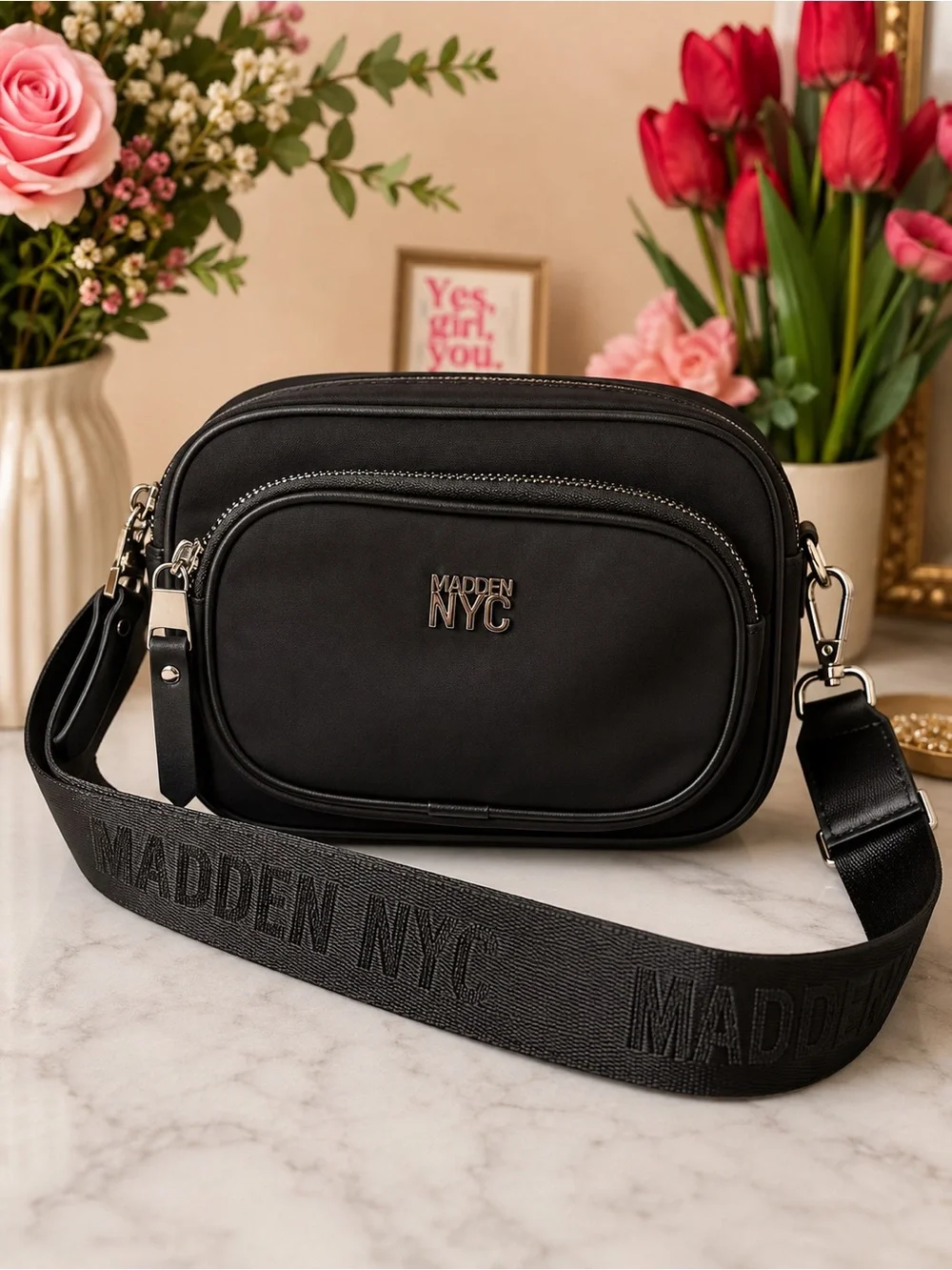 Steve Madden Black Crossbody Camera Bag with Branded Strap